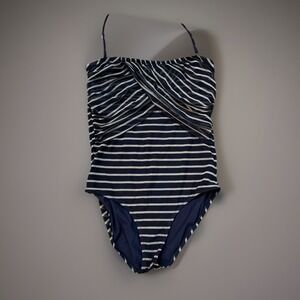 J.Crew Women's Striped One Piece Swimsuit‎ Ruched Criss Cross Front Size 10